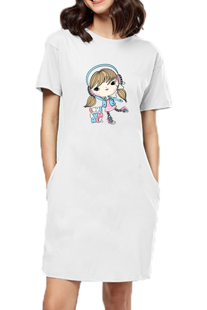 Female T-Shirt Long Dress With Pocket l Dancing Girl Printed Long Dress for Girl