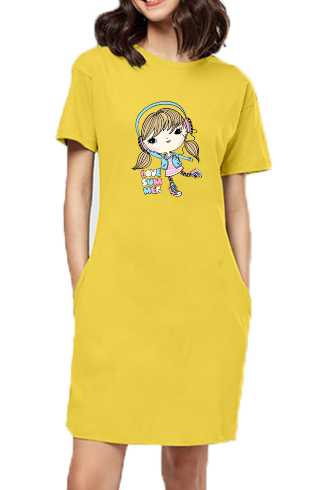 Female T-Shirt Long Dress With Pocket l Dancing Girl Printed Long Dress for Girl