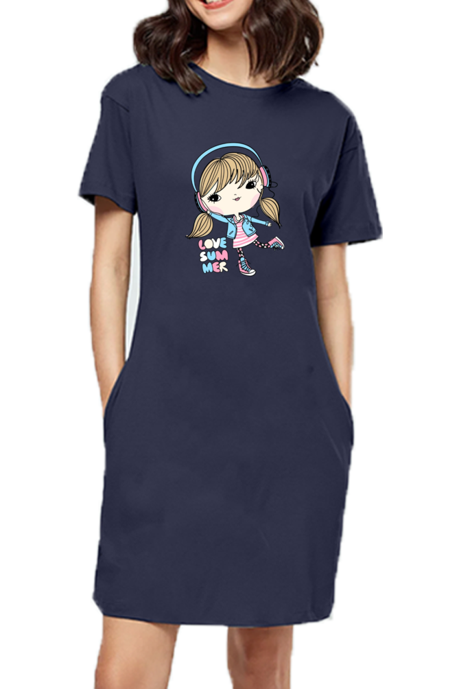 Female T-Shirt Long Dress With Pocket l Dancing Girl Printed Long Dress for Girl