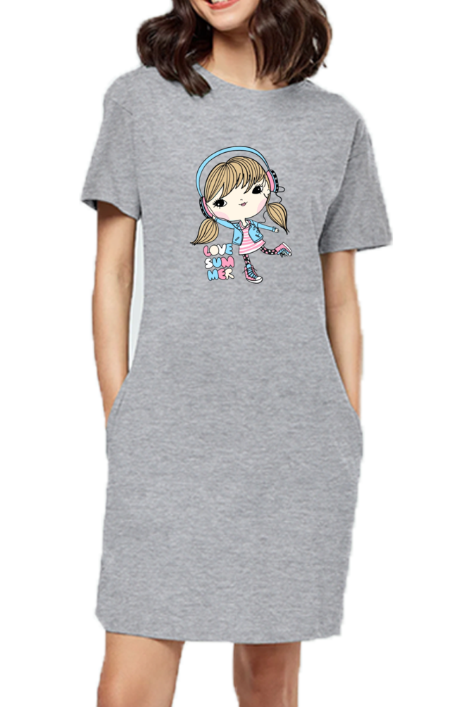 Female T-Shirt Long Dress With Pocket l Dancing Girl Printed Long Dress for Girl